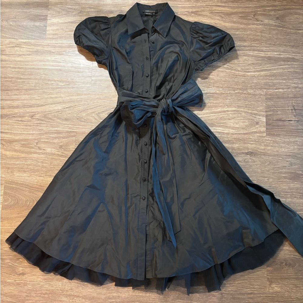 BCBGMaxAzria Black Midi Dress with Puff Sleeves tulle chic 0 Wednesday - Picture 2 of 9